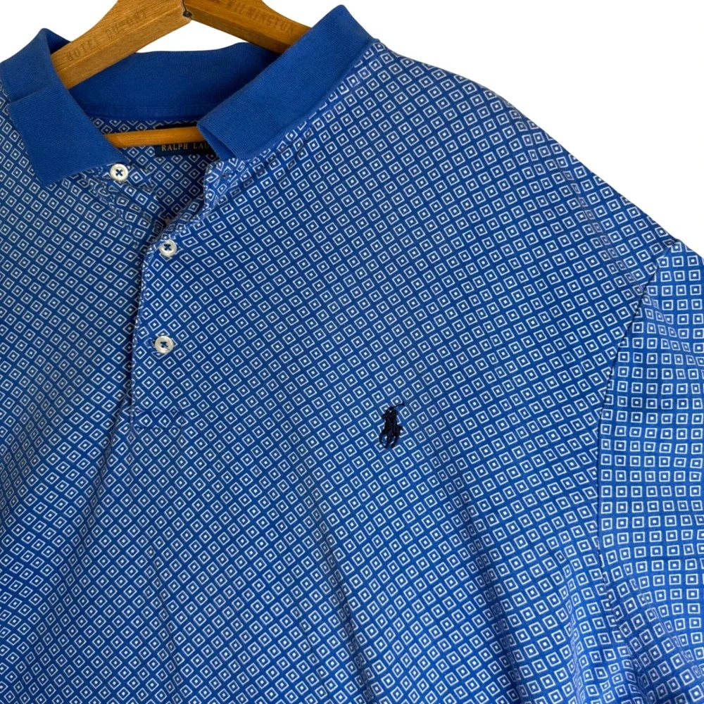 Polo Ralph Lauren Mens 2XLT Blue Geometric Diamond Print Short Sleeve Polo Shirt